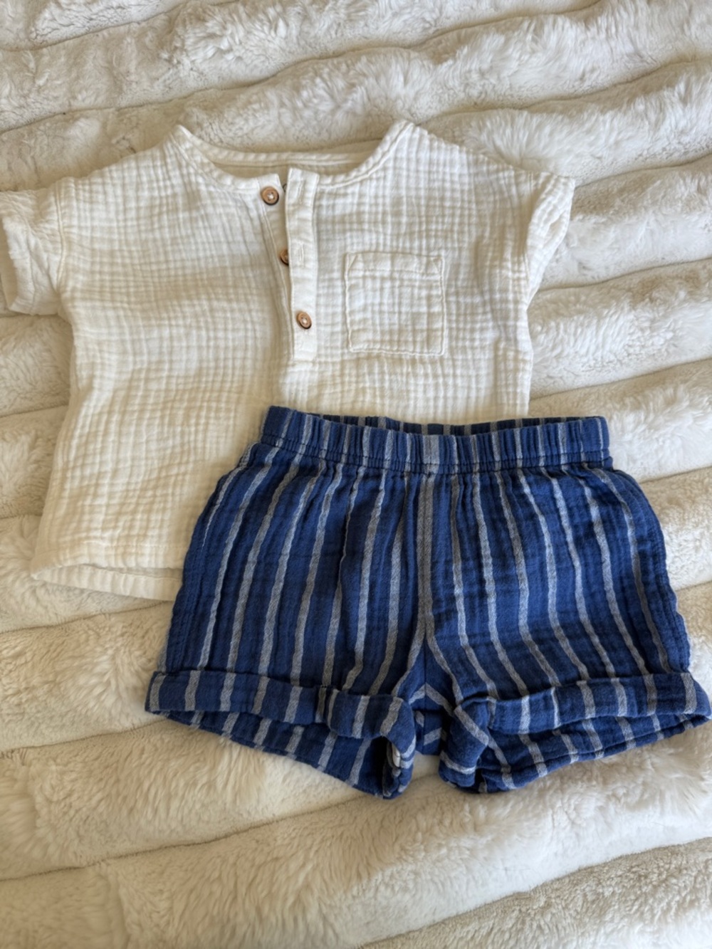 Baby/Toddler Two-Piece Set - White Top & Blue Striped Shorts